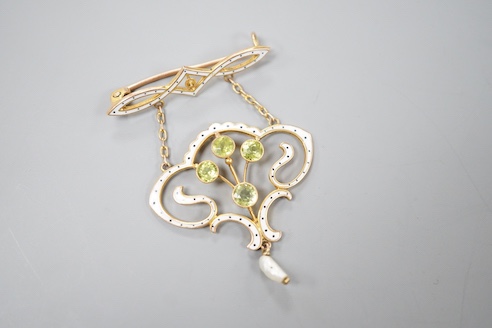 An Edwardian Art Nouveau, 9ct white enamel and baroque pearl set drop brooch, maker L & Co, 42mm, gross weight 4.4 grams.